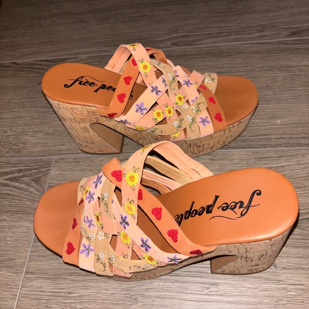 Free People Lisbon Multicolor Floral Embroidered Platform Mules Heels